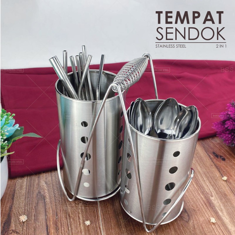 Tempat sumpit sendok sedotan set 2 in 1 stainless steel restoran