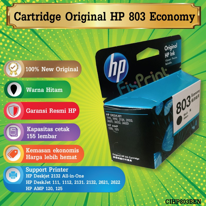 Cartridge HP 803 Black Original Economy Tinta Printer 1112 2132 3YP42AA New