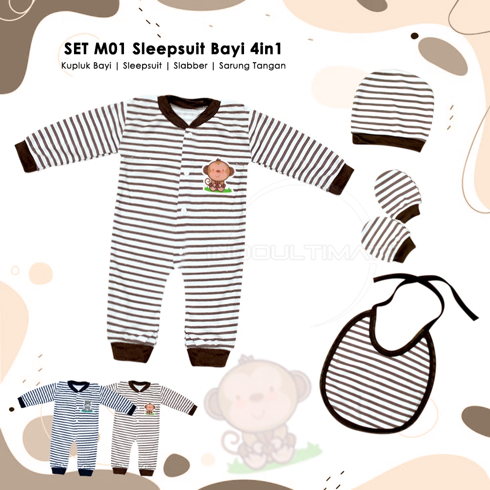 4in1 Set Perlengkapan Bayi Sleepsuit Jumper Bayi Baru Lahir + Celemek makan + Topi Kupluk + Sarung Tangan SNI SET-M01 Jumsuit Jumpsuit Anak Bayi Balita Baju Tidur Bayi Newborn