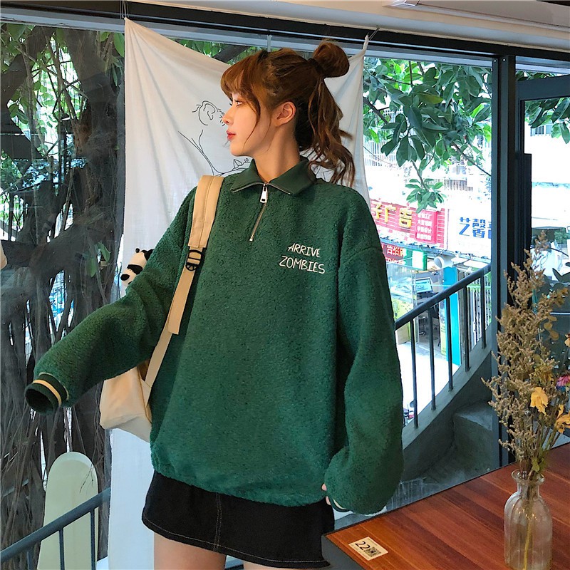 KJA-24 jaket luaran wanita import korea jepang wol bulu tebal winter big size hijau zombie