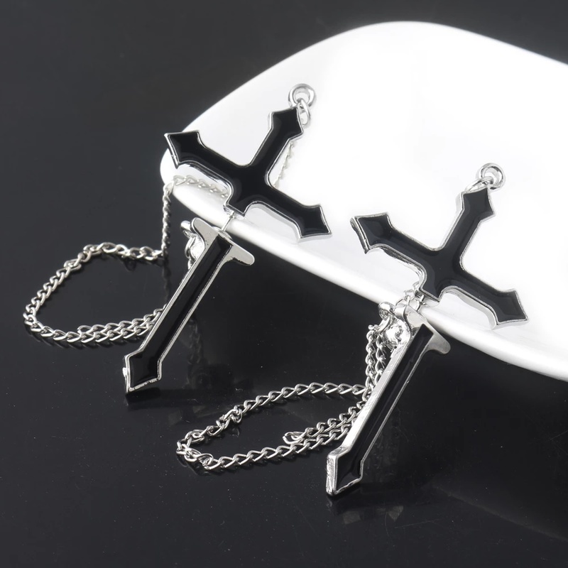 1 Pasang Anting Stud Rantai Panjang Liontin Salib Warna Hitam Gaya Vintage Hip-Hop Punk