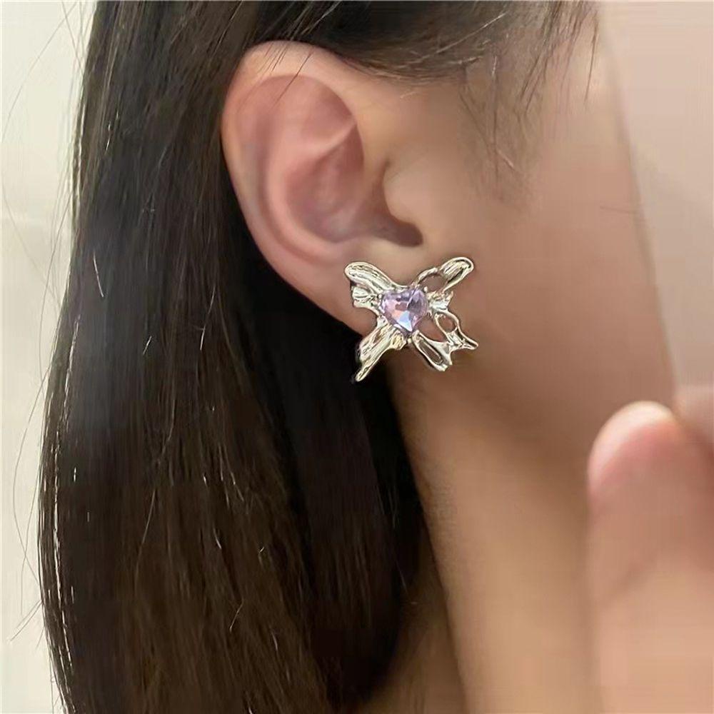 Mxbeauty Anting Wanita Fashion Tidak Teratur Telinga Perhiasan Hadiah Ungu Busur Zirkon Gaya Korea Earrings