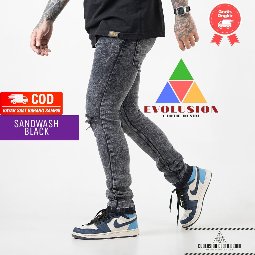 [COD} Promo Celana Jeans Sobek Lutut Pria Snow Black Sandwash Acid Ripped Premium