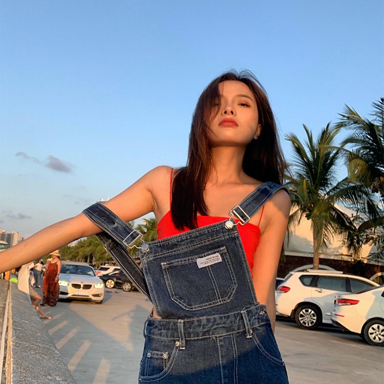 Overall denim berpinggang tinggi wanita musim semi dan musim panas 2022 versi Korea baru dari retro