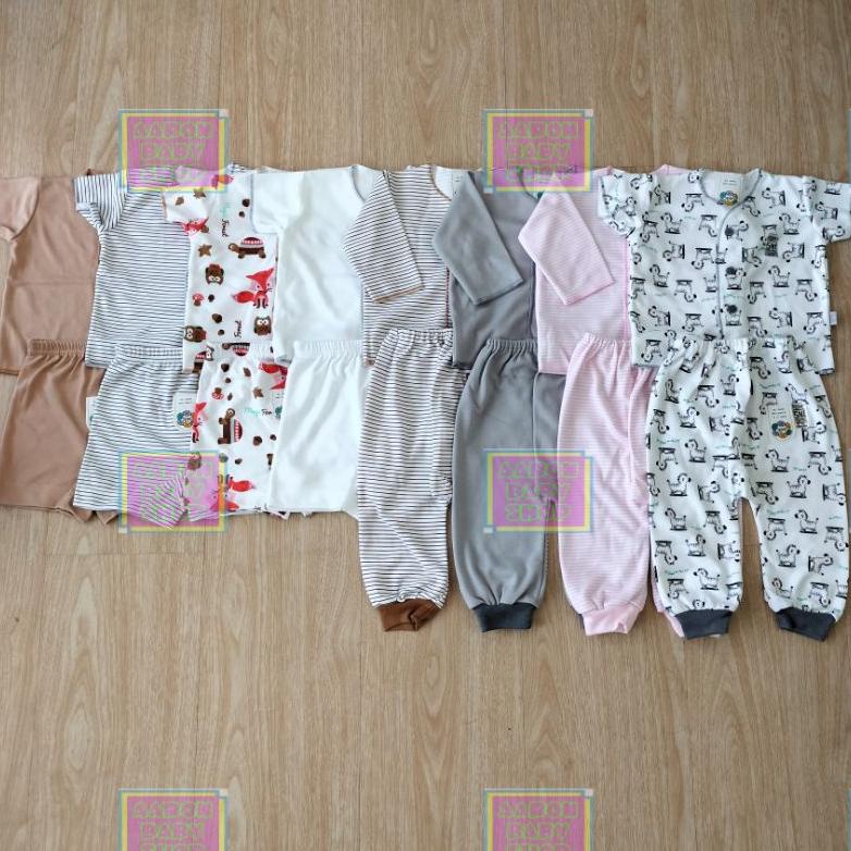 Setelan Panjang / Pendek Nova Newborn Polos / Motif Garis / Kapal Warna Abu Grey / Coklat Brown Sni
