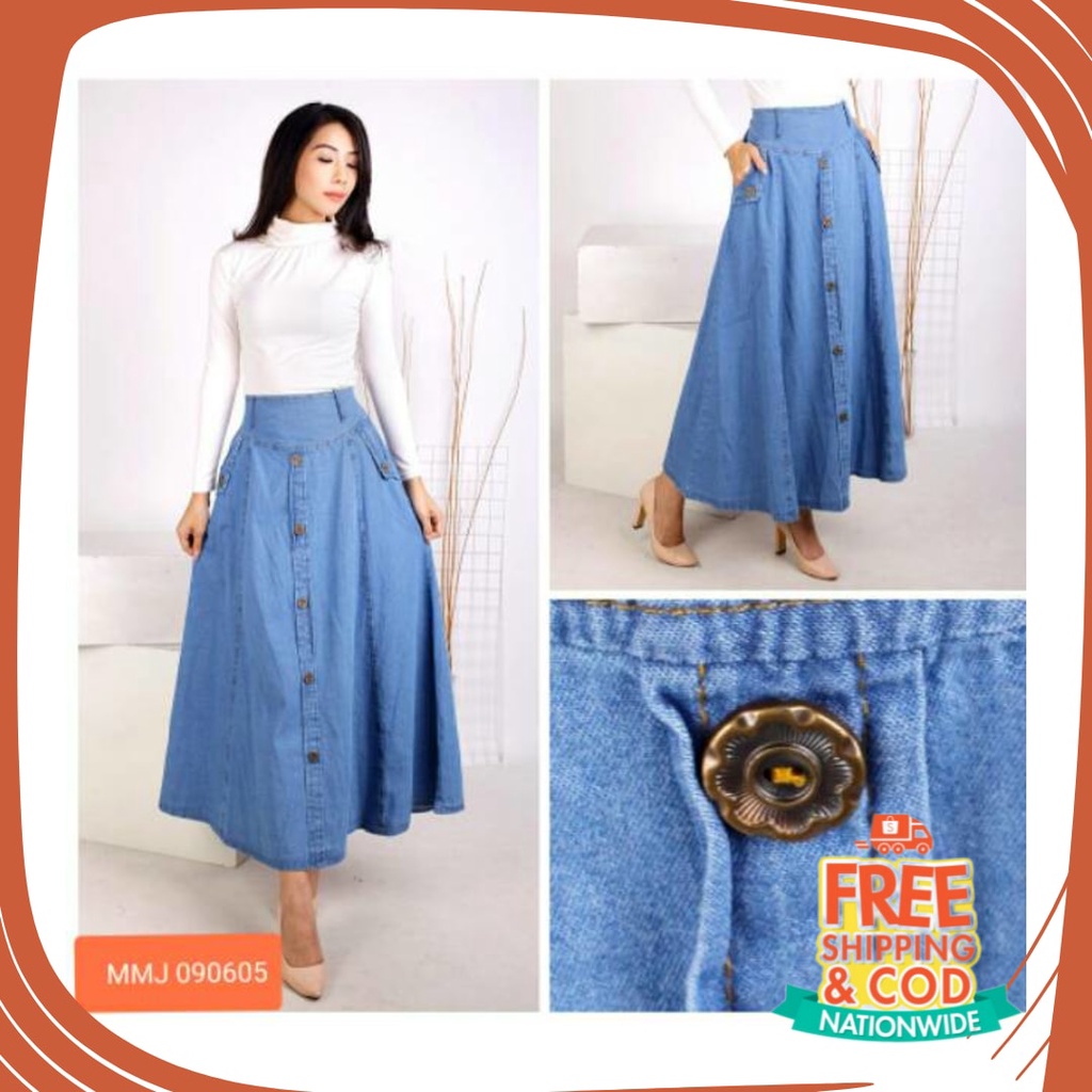 Plisket Jins Dnim MEkar biru merah hitam kuning hijau putih abu /  Bisa cod Rok panjang jeans wanita