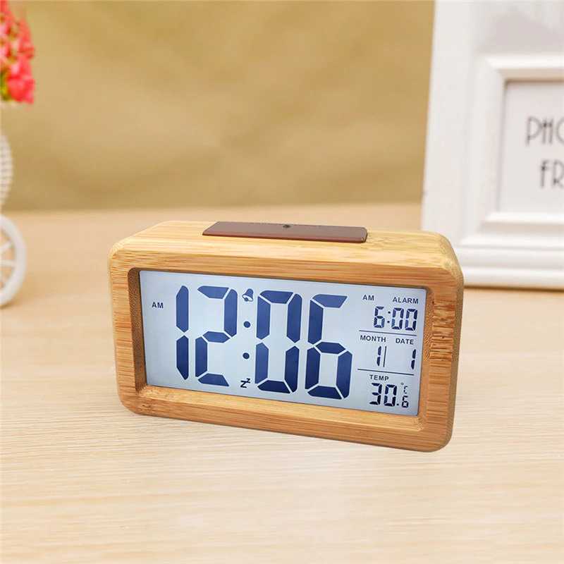 Jam Digital LED Wooden Alarm Clock Temperature