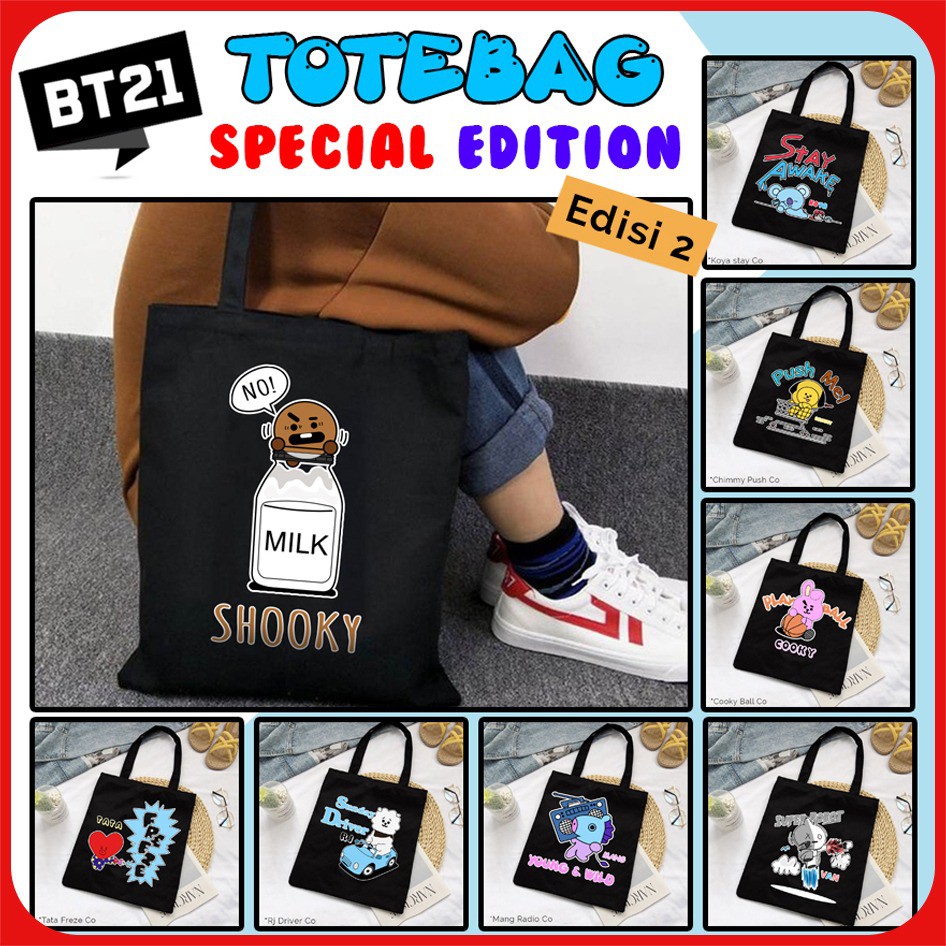 D003 TOTE BAG WANITA RESLETING TOTE KPOP KARAKTER KANVAS MOTIF BT21 VER 2 (EBID.ID)