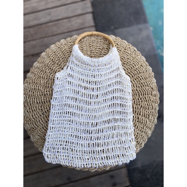 Tas Bali Rajut Handle Rotan Manik Plastik Tas Tangan Handbag Kerajinan Tangan Murni 100% Handmade