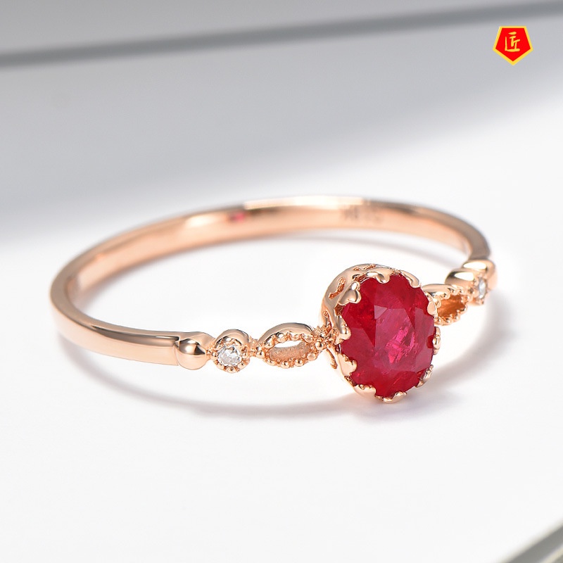 [Ready Stock]925 Silver 14K Rose Gold Oval Delicate Ruby Ring