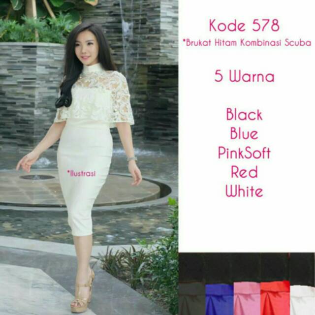 Dress Midi/Mini/Gaun Scuba Polos Combi Brukat/Brokat/Lace Hitam Cantik Bagus Simple Elegant
