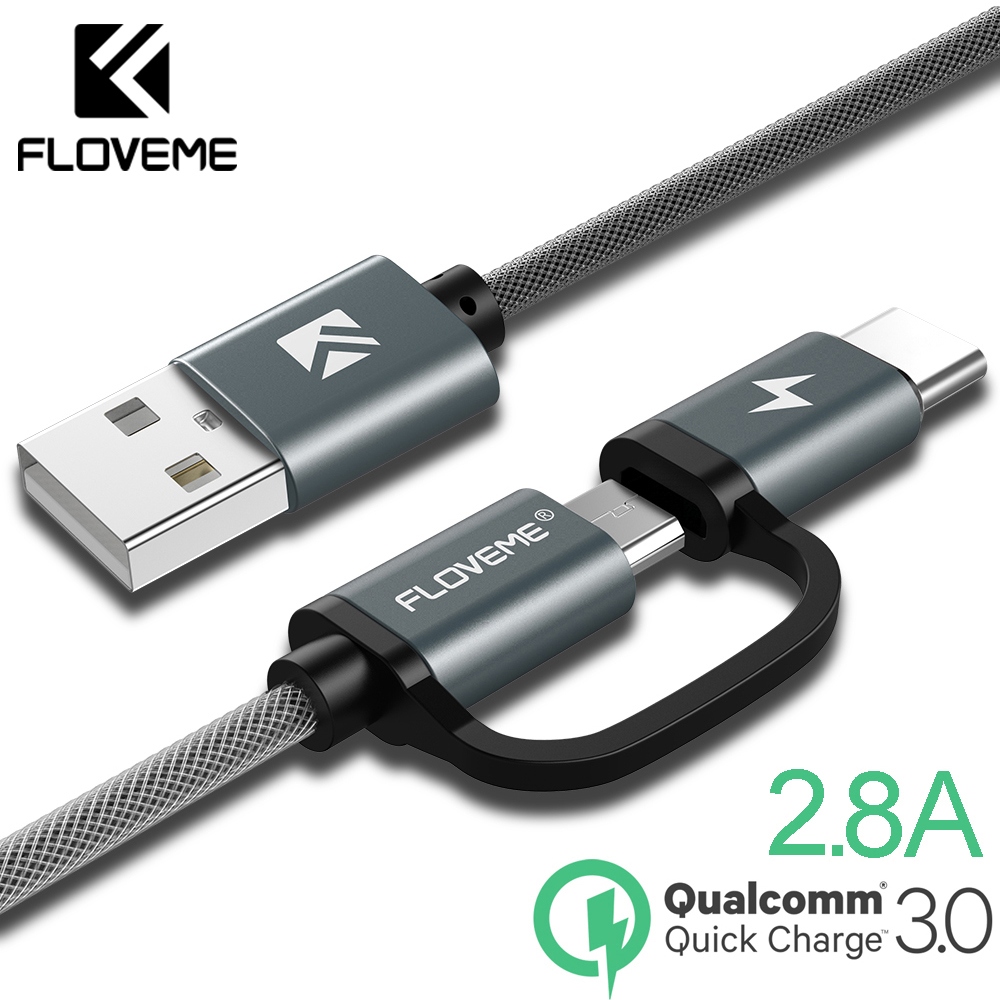 Floveme Kabel Charger 2 in 1 Micro USB + USB Type C Q 80cm -Hitam