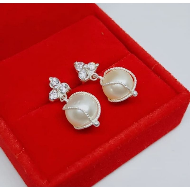 ( 070 ) Anting Giwang Tusuk Zircon Besar Bahan Perak Murni 925 Mutiara Air Tawar Asli Lombok