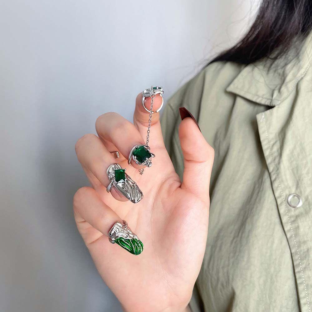 Cincin Kuku Model Terbuka Bahan Alloy Warna Hijau Gaya Retro Untuk Wanita