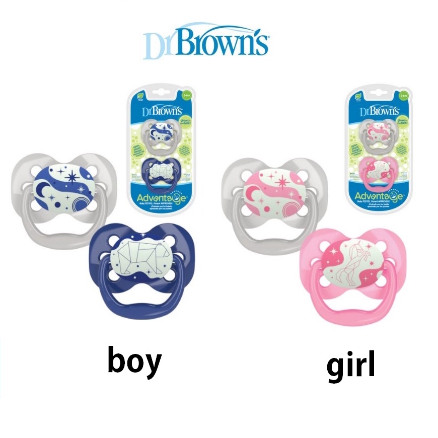 Empeng Bayi 0-6 Bulan Advantage Pacifier Stage 1 Dr. Brown`s Glow In The Dark 2pack