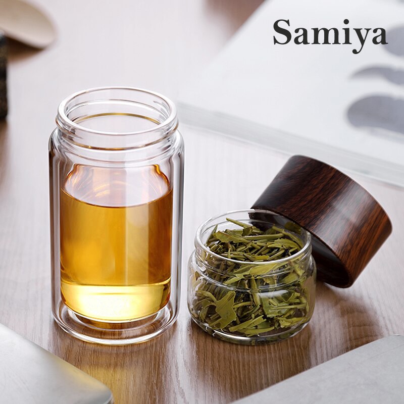 tumbler teapot infuser wooden handle / tea pot infuse water botol minum kaca double wall handle kayu ( menerima custom LOGO )