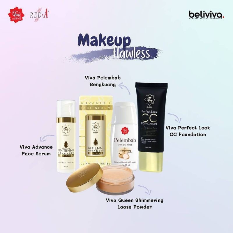 Paket Makeup Flawless Glowing Serum Pelembab CC Foundation Shimmering Loose Powder Viva