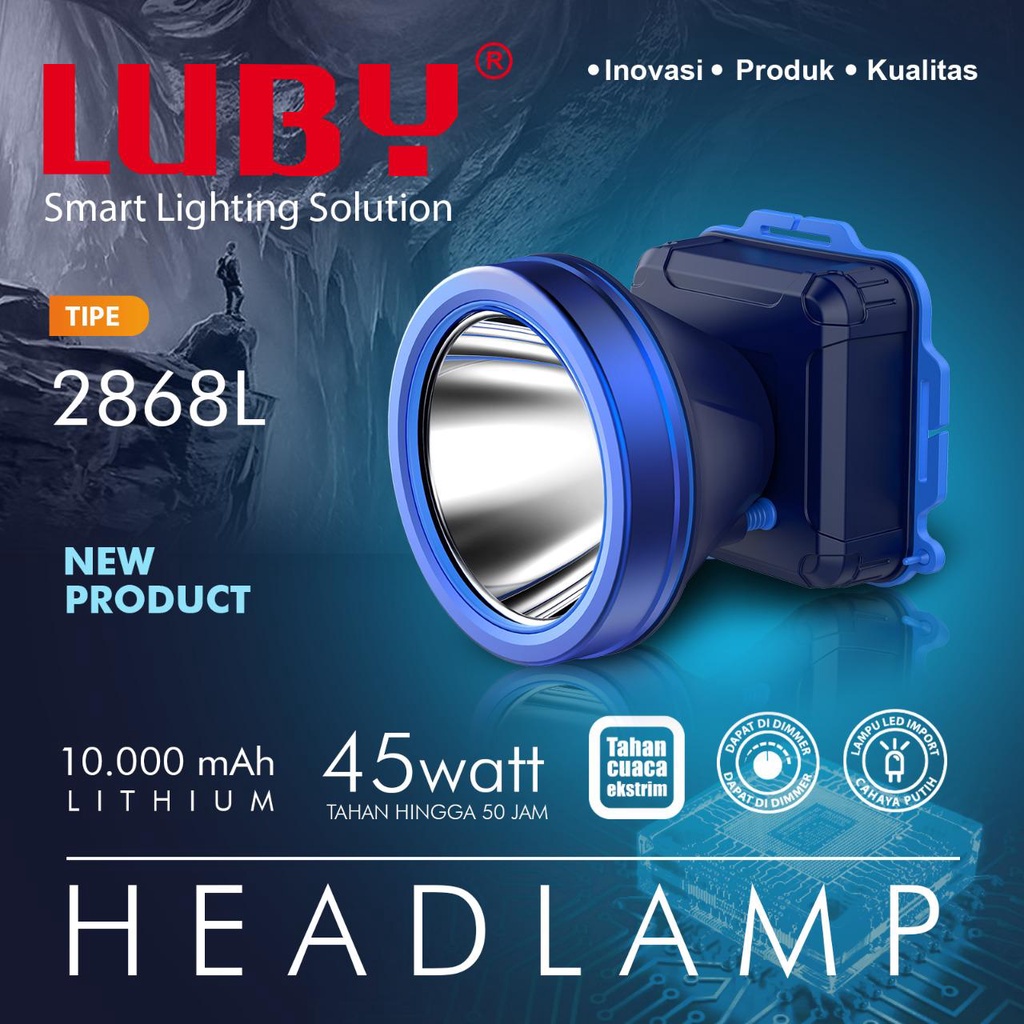 Luby Senter Kepala LED Super Terang Lithium L 2868L LAMPU PUTIH 45 Watt With Dimmer Switch Super LED