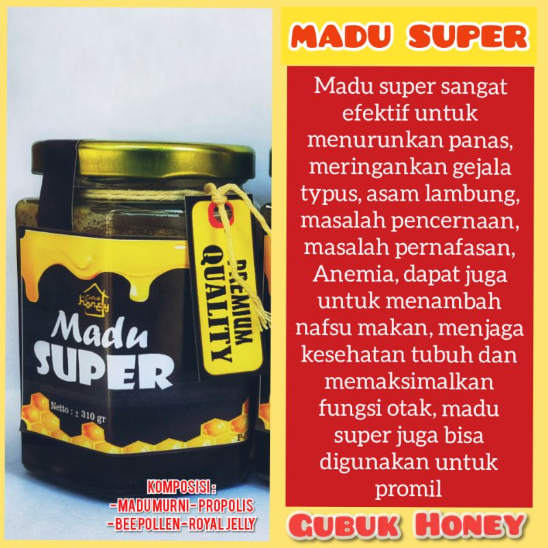

Madu Super Murni 100% (madu murni+propolis+royaljelly+beepollen) 310gr