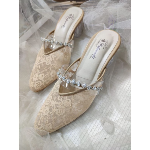 sepatu wanita Azwa nude brukat cream asesoris tengah 5cm kaca