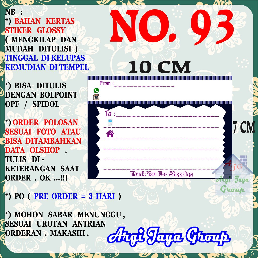 

Stiker Pengiriman - Sticker Alamat Olshop Murah Nomer 93 - 10x7 cm - Glossy