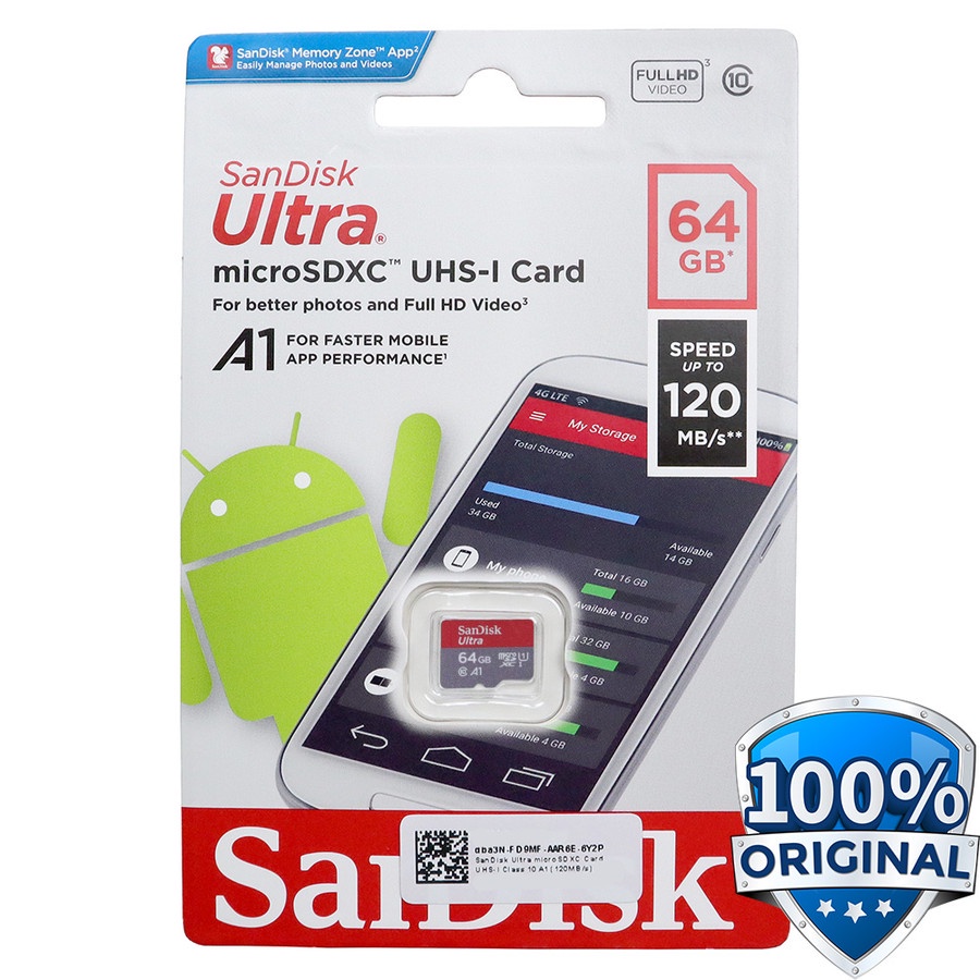 SanDisk Ultra microSDHC Card UHS-I Class 10 A1 (120MB/s) 64GB SDSQUA4