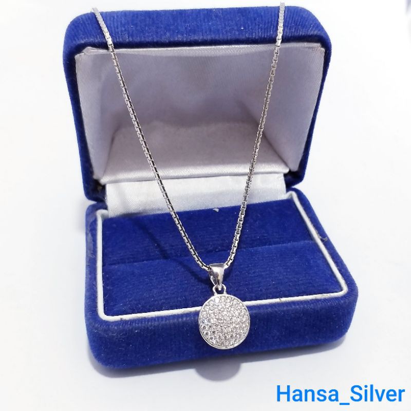 Kalung Perak Wanita Silver Asli 925 Lapis Emas Putih Italy kotak Liontin Bulat Permata