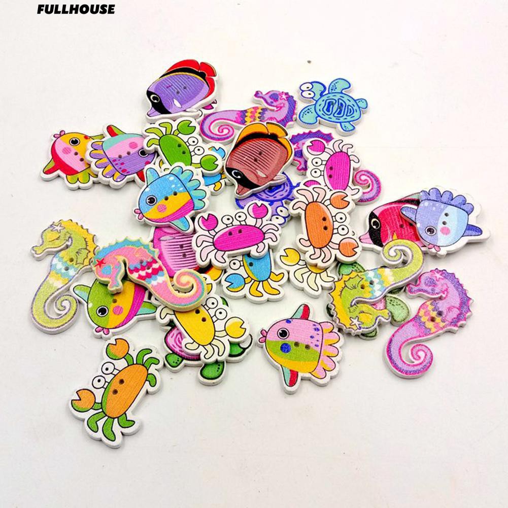 50Pcs Kancing Kayu 2 Lubang Motif Kartun Hewan Laut Laut