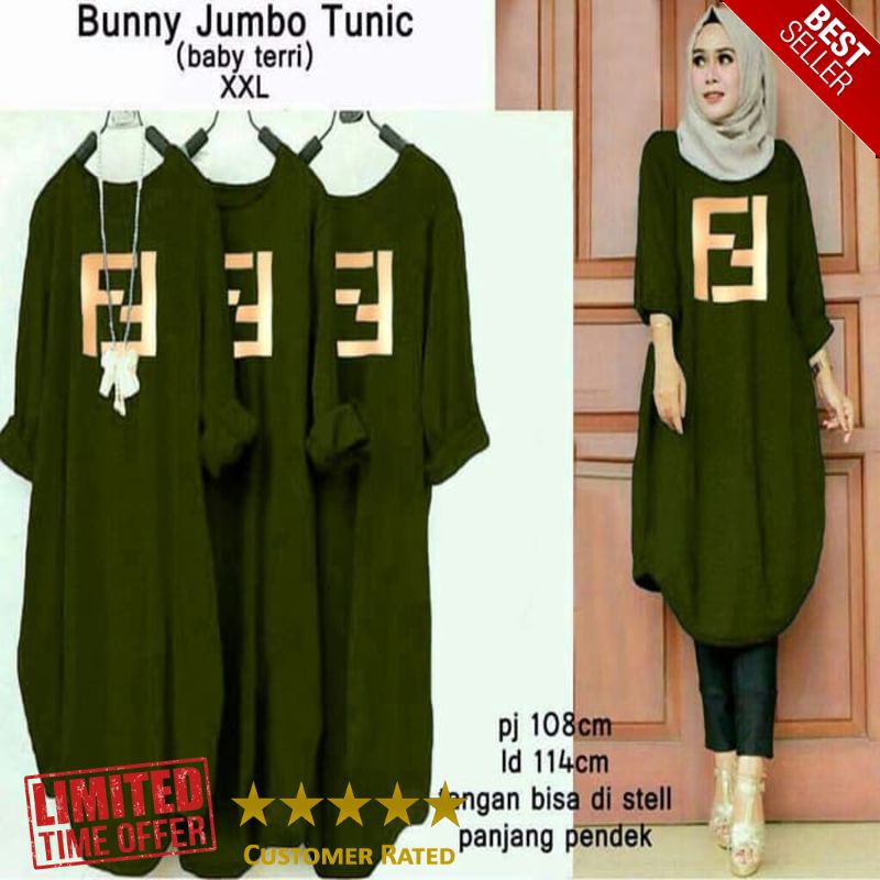 BEST [TUNIK FENDI ARMY SL] Tunik wanita babyterry hijau army