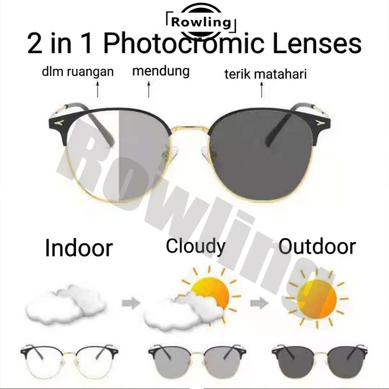 Rowling (Pc-77) 2 In 1 Kacamata lensa photocromic anti radiasi wanita pria kacamata bingkai Titanium komputer Anti UV   fotocromic