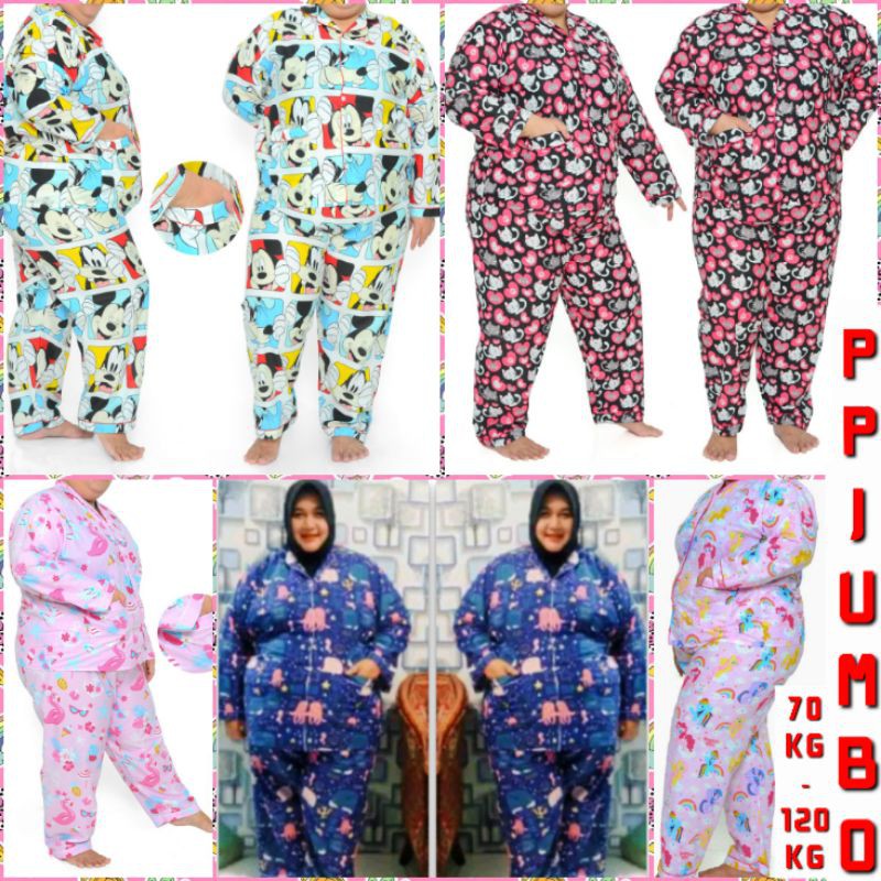 piyama lengan panjang jumbo set celana big size wanita ld 140 katun j3pang karakter motif perempuan