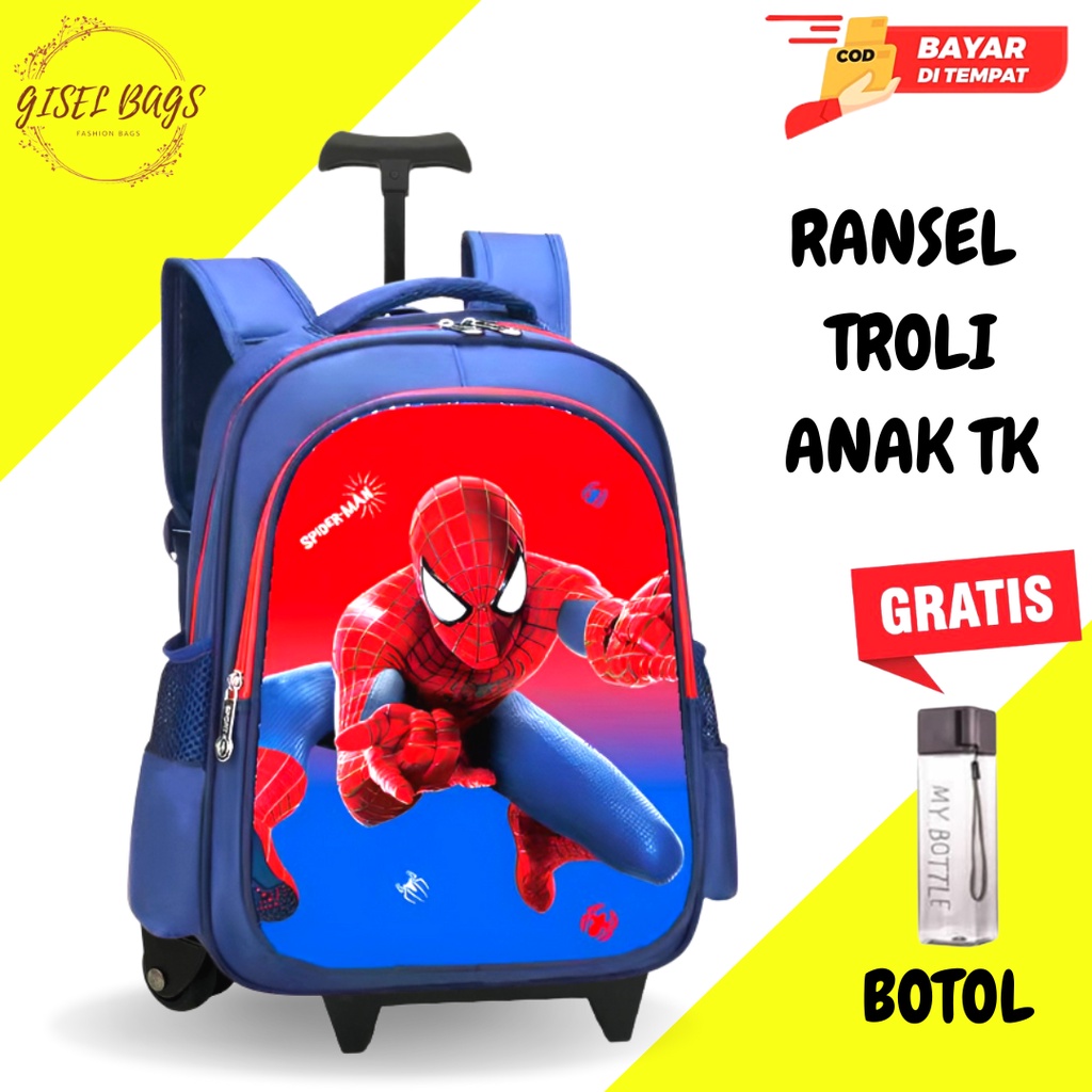 GB Tas ransel troli anak laki laki gambar timbul karakter superhero tas troli anak import