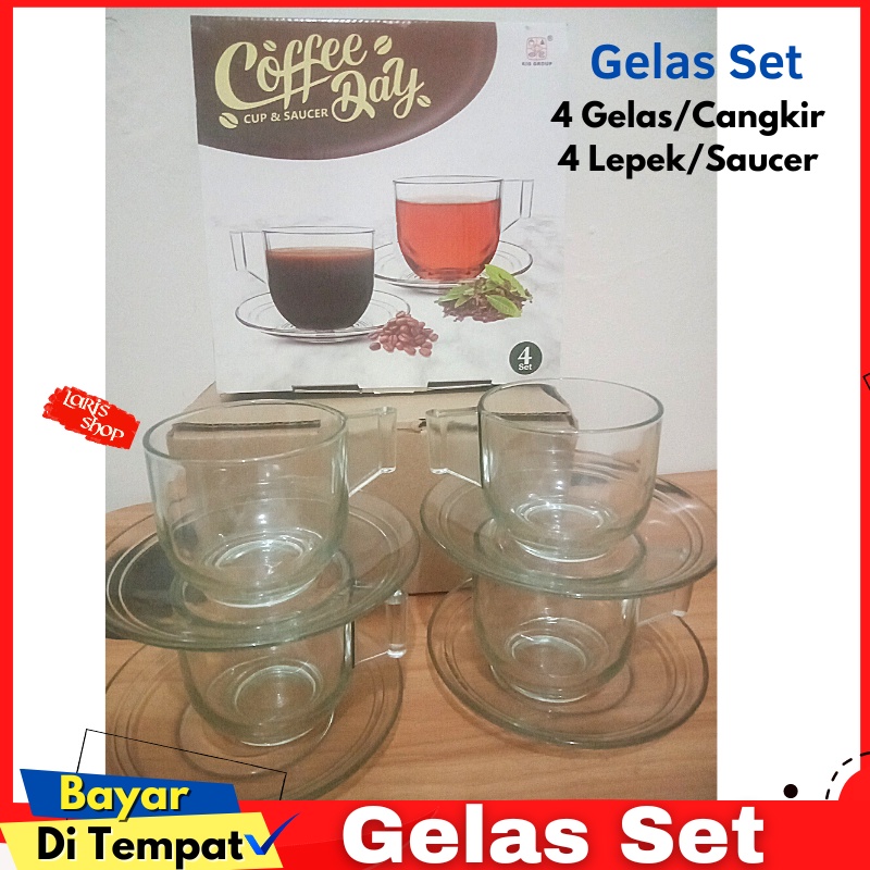 Gelas Cangkir Kecil Kaca Beling Set Lepek (4Pcs) Tempat Kopi Dan Teh