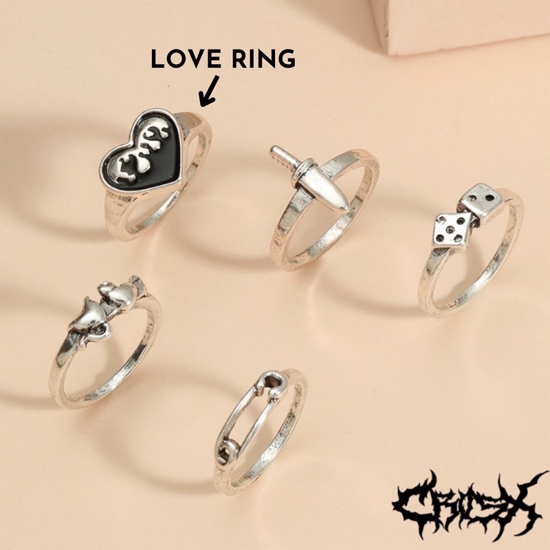 5PCS SWORD RING SET / HIP HOP PUNK SILVER METAL RING SET / CINCIN SET 5 IN 1 VINTAGE LOVE RING DICE RING PIN RING CINCIN PEDANG CINCIN DADU HATI CINCIN COUPLE RING KOREAN STYLE RING CINCIN STYLE KOREA CINCIN AESTHETIC RING CINCIN PRIA CINCIN WANITA