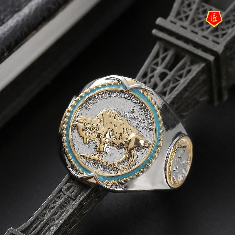 [Ready Stock]Retro Personality Commemorative Coin Two-Tone Ring for Men