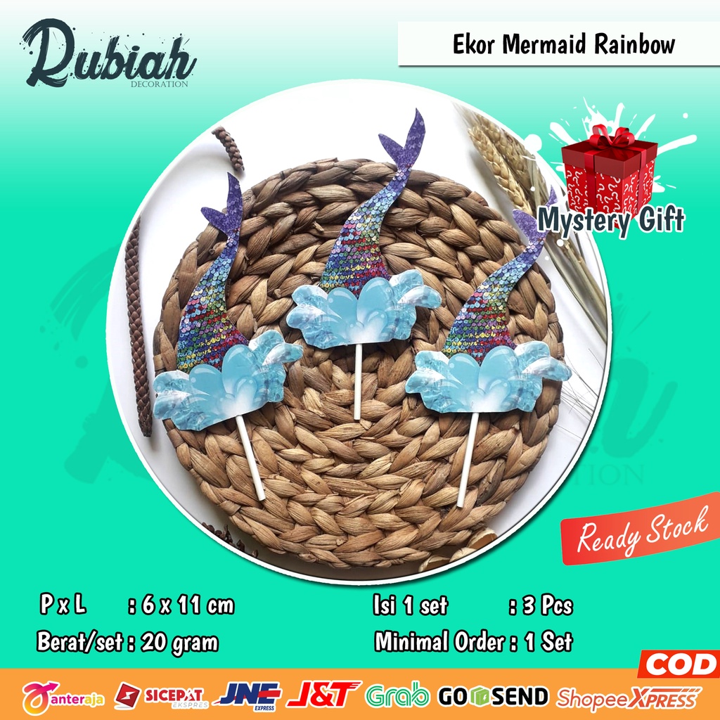 Banner Topper cake Hiasan Tusukan Kue Tart Ulang Tahun Anak Ekor Mermaid Rainbow