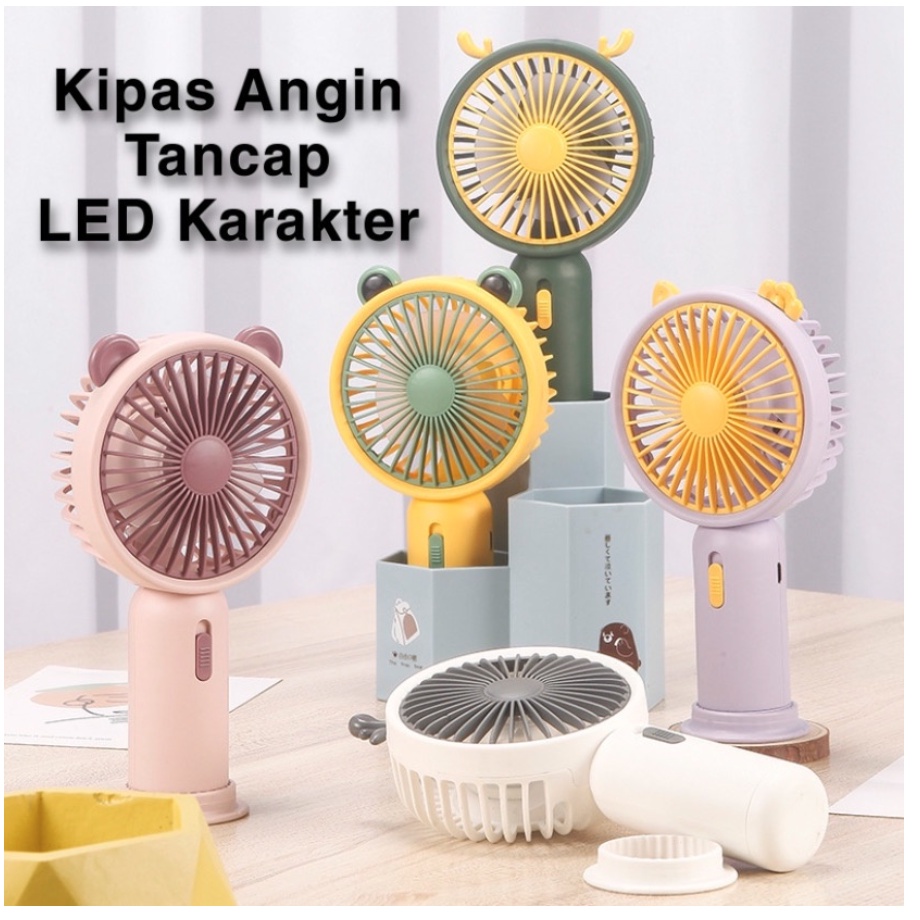 Kipas Angin Tancap Tangan LED Karakter / Kipas Genggam Portable USB Recharge (Standing Mini Fan)