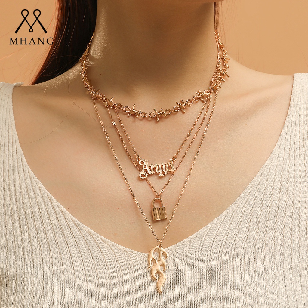 Fashion Surat Kunci Liontin Kalung Multilayer Set Kalung Duri Logam Kepribadian Berlebihan Aksesoris Pesta Wanita Gaya Punk