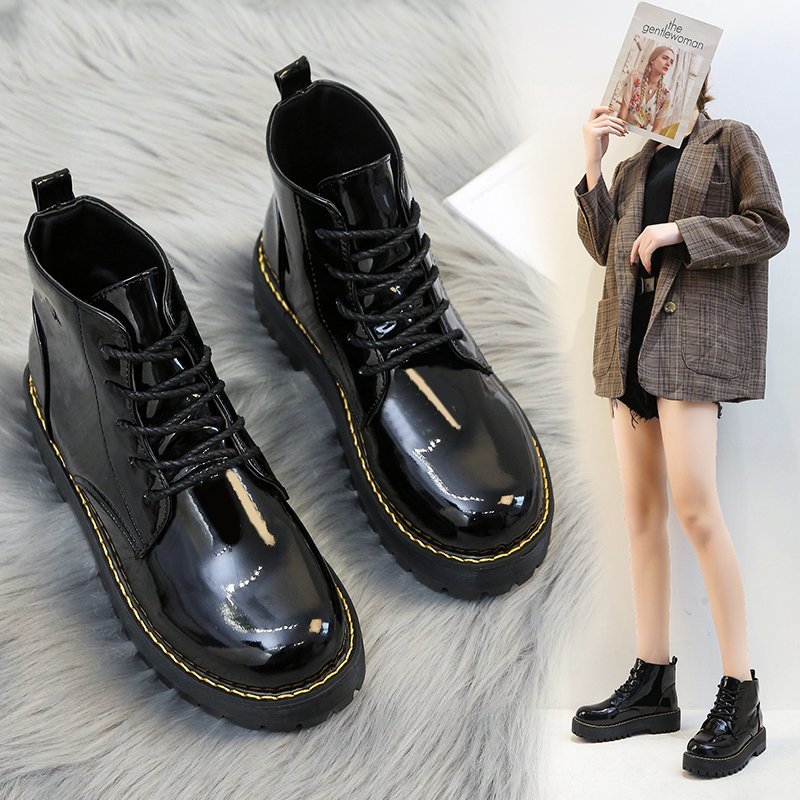 Sepatu Boots Wanita Martin Model British untuk  Glossy PU leather hitam+heel 4cm (Kotak sepatu gratis)