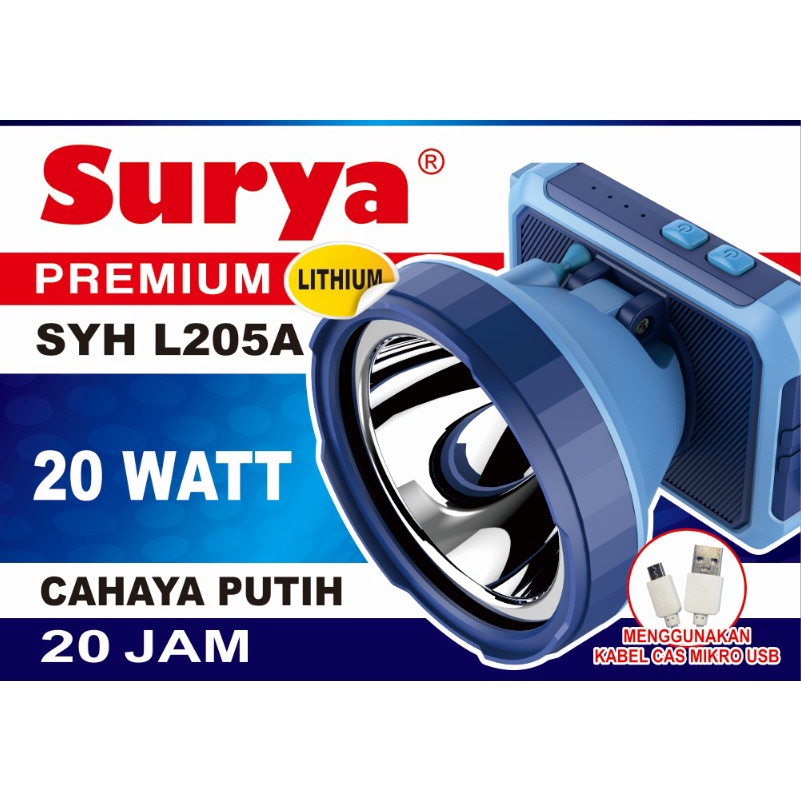 Surya Senter Kepala LED Super Terang Lithium SYH L205A LAMPU PUTIH 20 Watt With Dimmer Switch Super