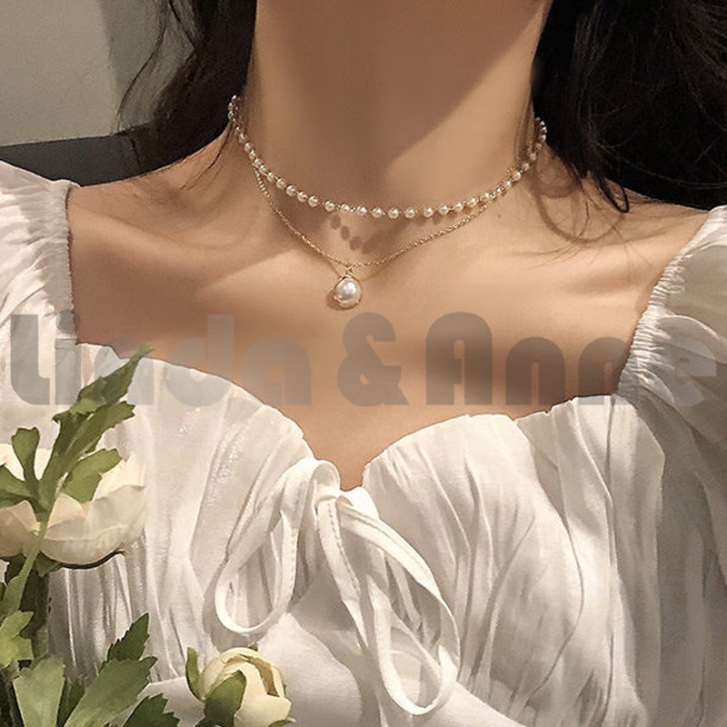 Kalung Choker Rantai Klavikula Double Layer Aksen Mutiara - Kalung Choker Mutiara