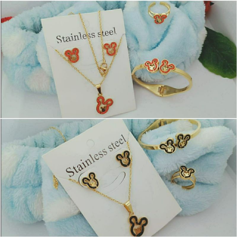 Fourfashion Set Perhiasan Anak Titanium Rabbit Timbul Permata Kekinian S162