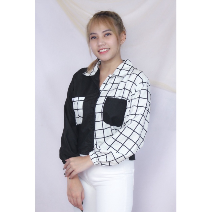 MIKA CROP TOP TARTAN Kemeja Blouse Baju Pakaian Atasan Wanita Cewek Perempuan Dewasa Remaja Abg Katun Kotak Kombinasi Terbaru 2021 Kekinian Viral-HITAM KTK 3,5 CM PTH