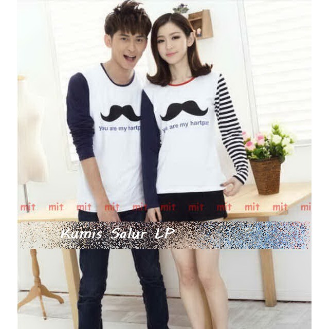 kaos pasangan couple murah baju lengan panjang kopel terbaru motif kombinasi garis LP kumis Salur