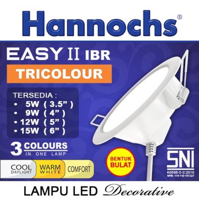 Lampu Downlight LED EASY II Bulat 3w/ 5w/ 9w/ 12w/ 15w Tricolour Hannochs