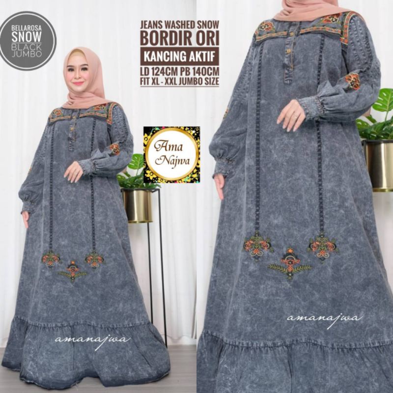 Bellarosa Dress Maxy Gamis Suju Super Jumbo Grey Jeans Bordir Ld 124 Fit XXXL Busui Kancing By Amj