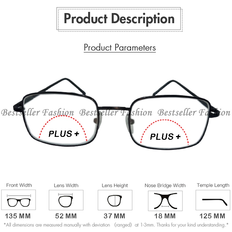 Kacamata Baca Plus 2 fungsi baca dan jalan uk +1.00 s.d +3.00 pria wanita kacamata plus frame metal kotak hitam kaca mata rabun dekat eyeglasses unisex kacamata dobel fokus