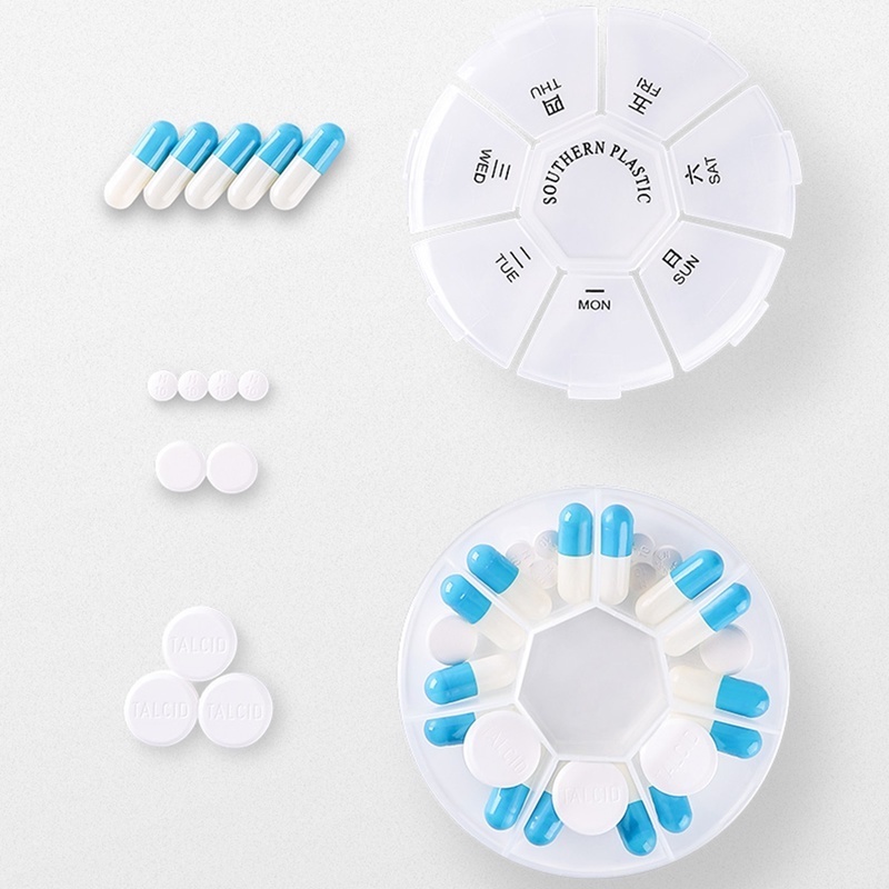 Kotak Penyimpanan Obat Pil Tablet Mingguan 7 Grids Bentuk Bulat Mini Portable Tahan Air Untuk Travel Outdoor