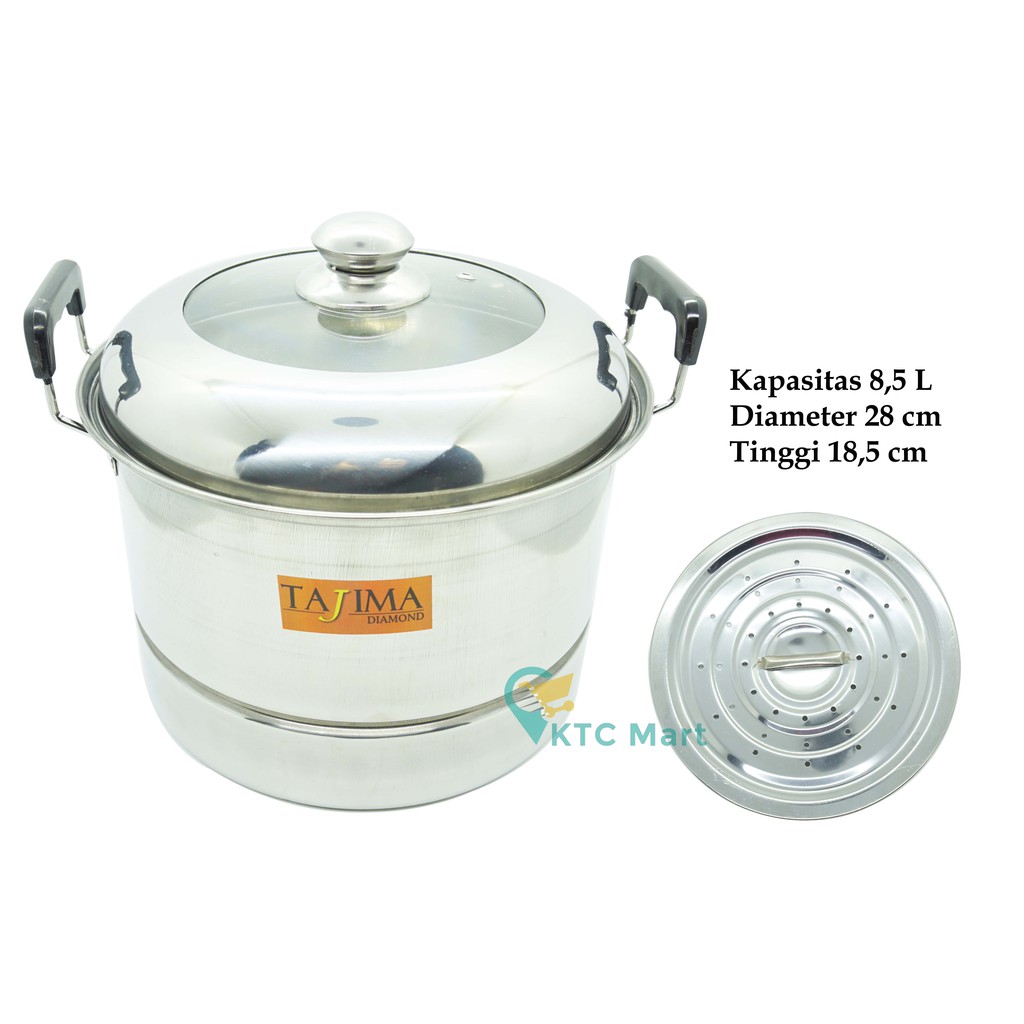 KTCmart - TAJIMA Dandang Masak 28 cm Tutup KACA / Panci Masak Kukusan Stainless