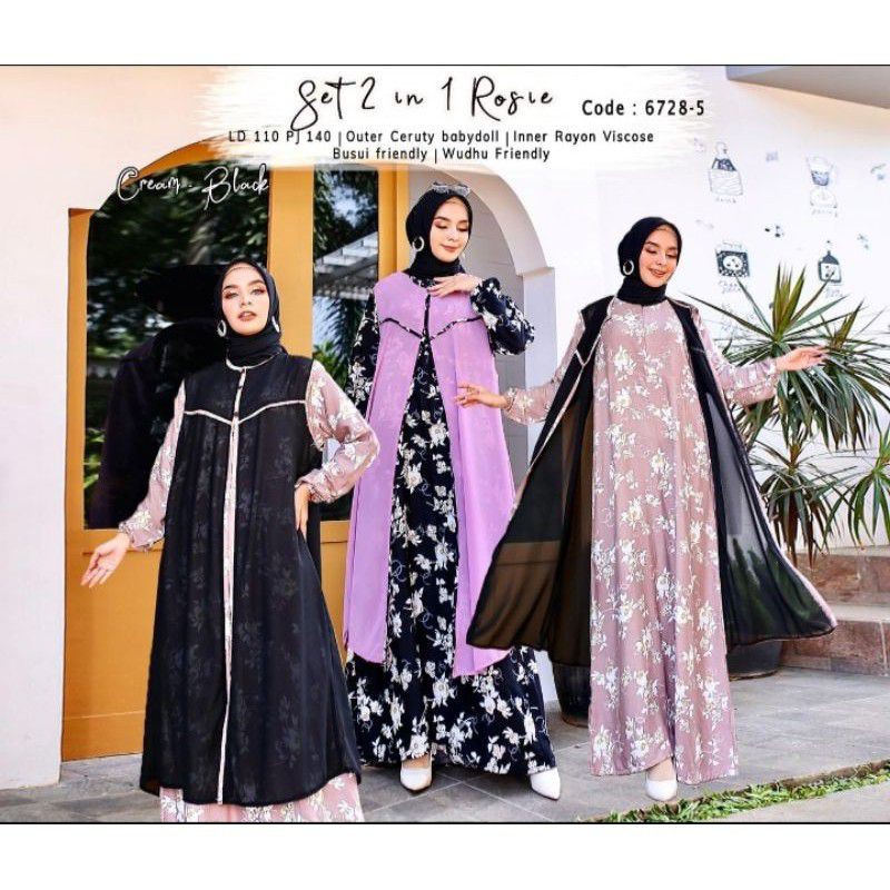 SET OUTER 2 IN 1/PAKAIAN WANITA MUSLIMAH/BAJU GAMIS MOTIF BUSUI RESLETING/CARDIGAN CERUTY POLOS